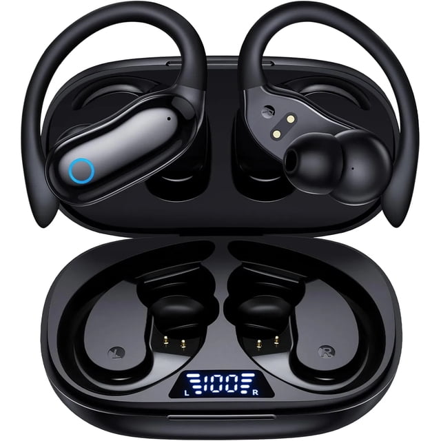 Auriculares inalámbricos 96 horas de reproducción Bluetooth IPX7 resistentes al agua Estéreo Graves Ganchos para las orejas Micrófono integrado Pantalla LED para deportes Entrenamiento Correr