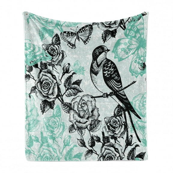Birds Soft Flannel Fleece Throw Blanket, Hand Drawn Sketch of Mockingbird on Bloomed Roses and Butterflies, Cozy Plush for Indoor and Outdoor Use, 60" x 80", Baby Blue Pale Blue, by Ambesonne
