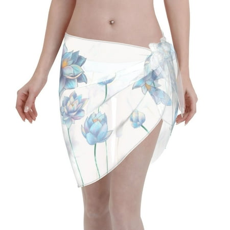 Adobk Women Beach Sarong Bathing Suit Pale Blue Lotus Flowers Print Wrap Skirt Sheer Bikini Swimsuit Cover Ups For Swimwear