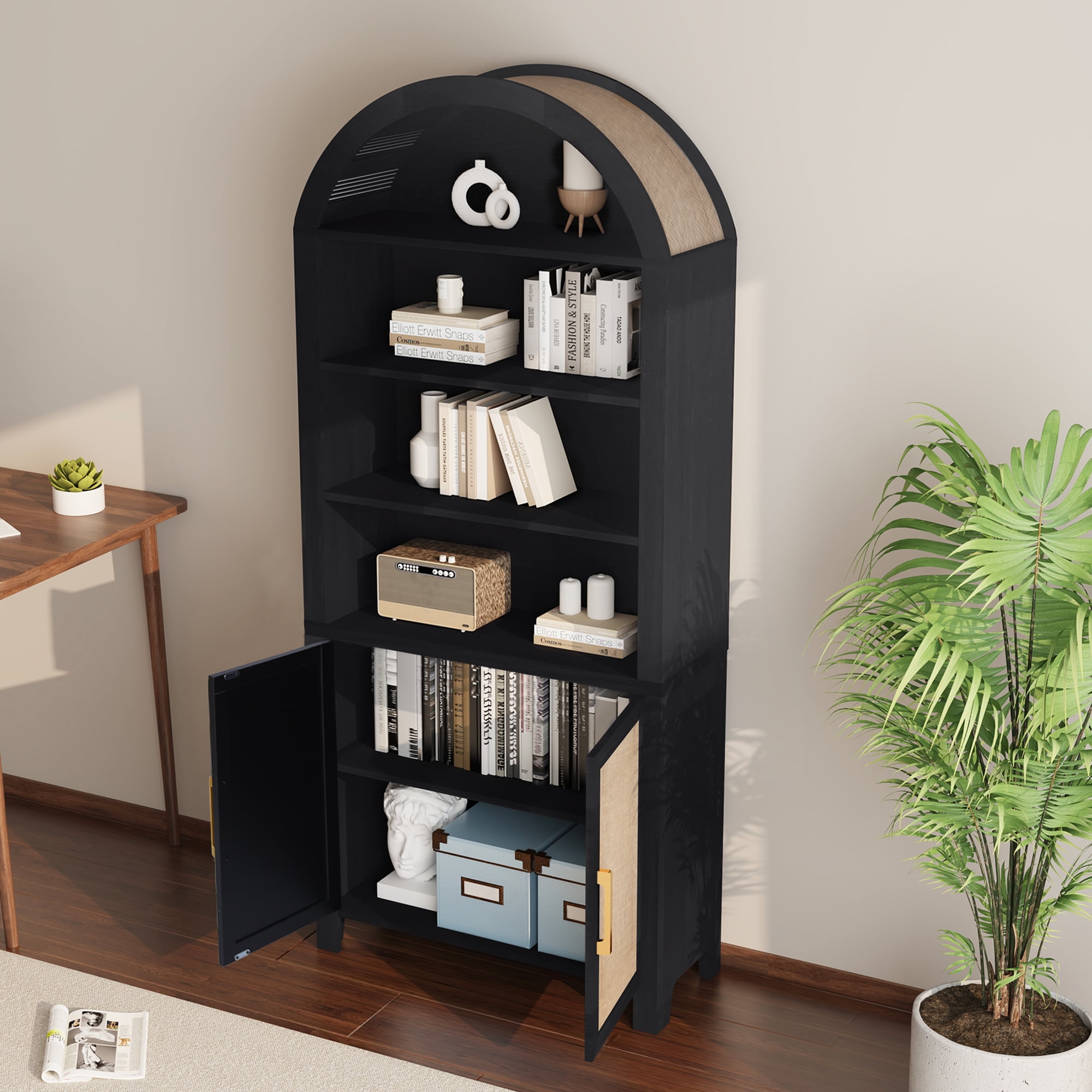 LEFHDA 71" Tall Bookshelf, Arched Bookcase with Doors, Mid-Century Modern 6-Tier Bookshelf with Storage, Rattan Open Display Storage Shelf Bookshelf for Living Room Bedroom & Classroom(Black)