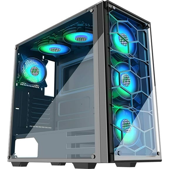 MUSETEX Phantom Black ATX Mid-Tower Case, 6 RGB Fans USB3.0 2 Tempered Glass Panels, Gaming PC Case Computer Chassis (907-N6)