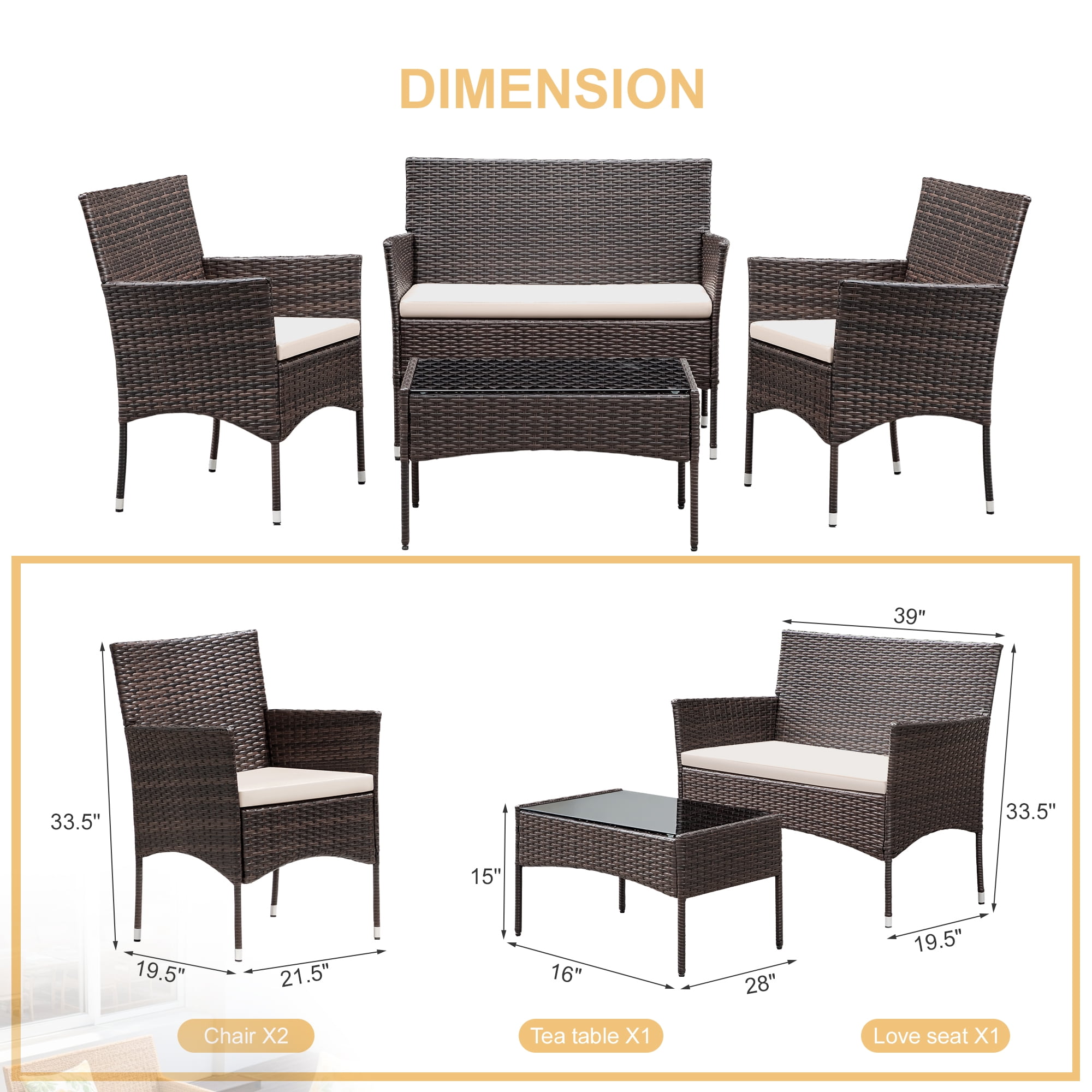 Lacoo 4 Pieces Patio Furniture Set Outdoor Conversation Wicker Rattan Chairs Seating with Cushion and Glass Table Weather-Resistant for Garden Backyard Porch, Brown