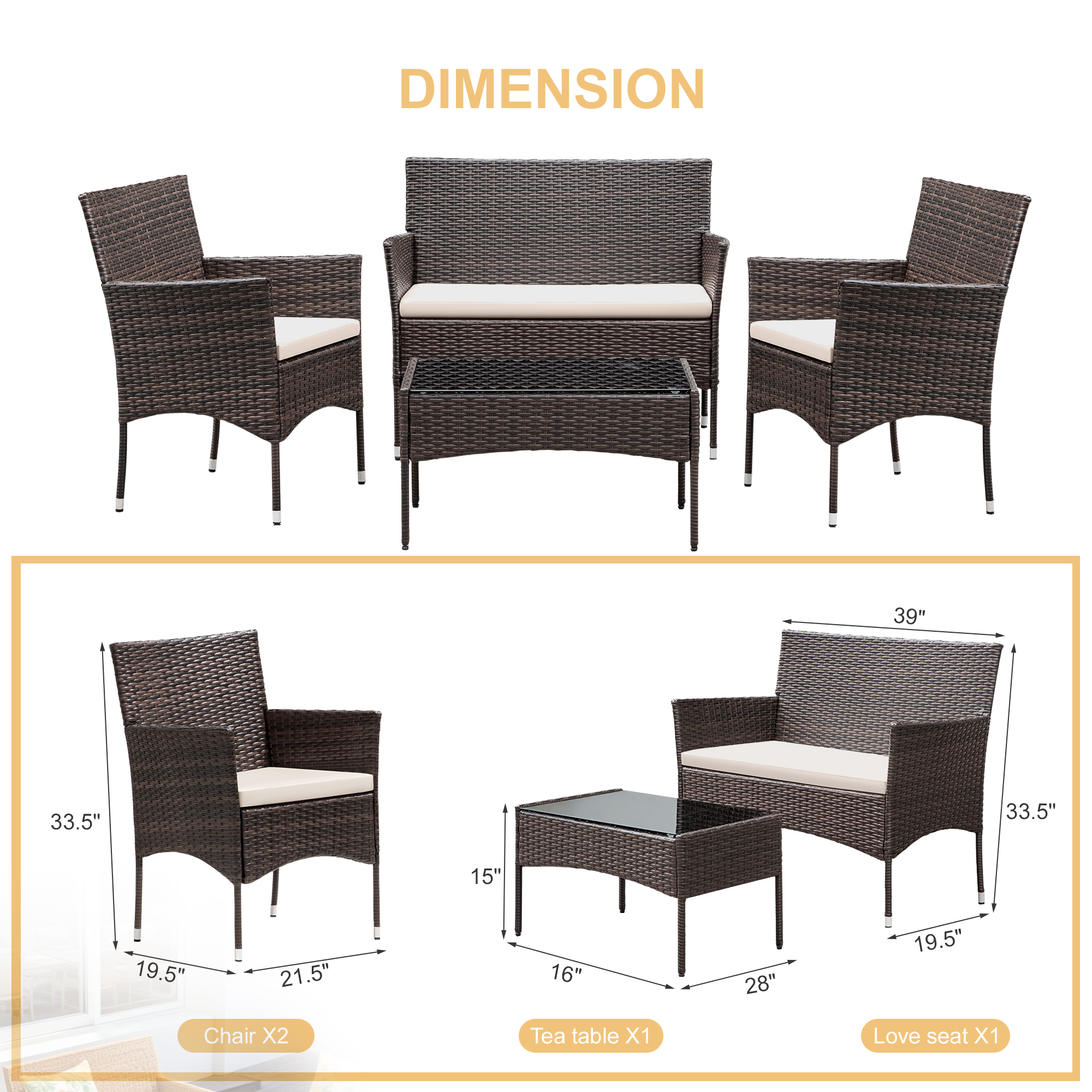 LACOO 4-Piece Wicker Outdoor Patio Conversation Set, Brown photo 7