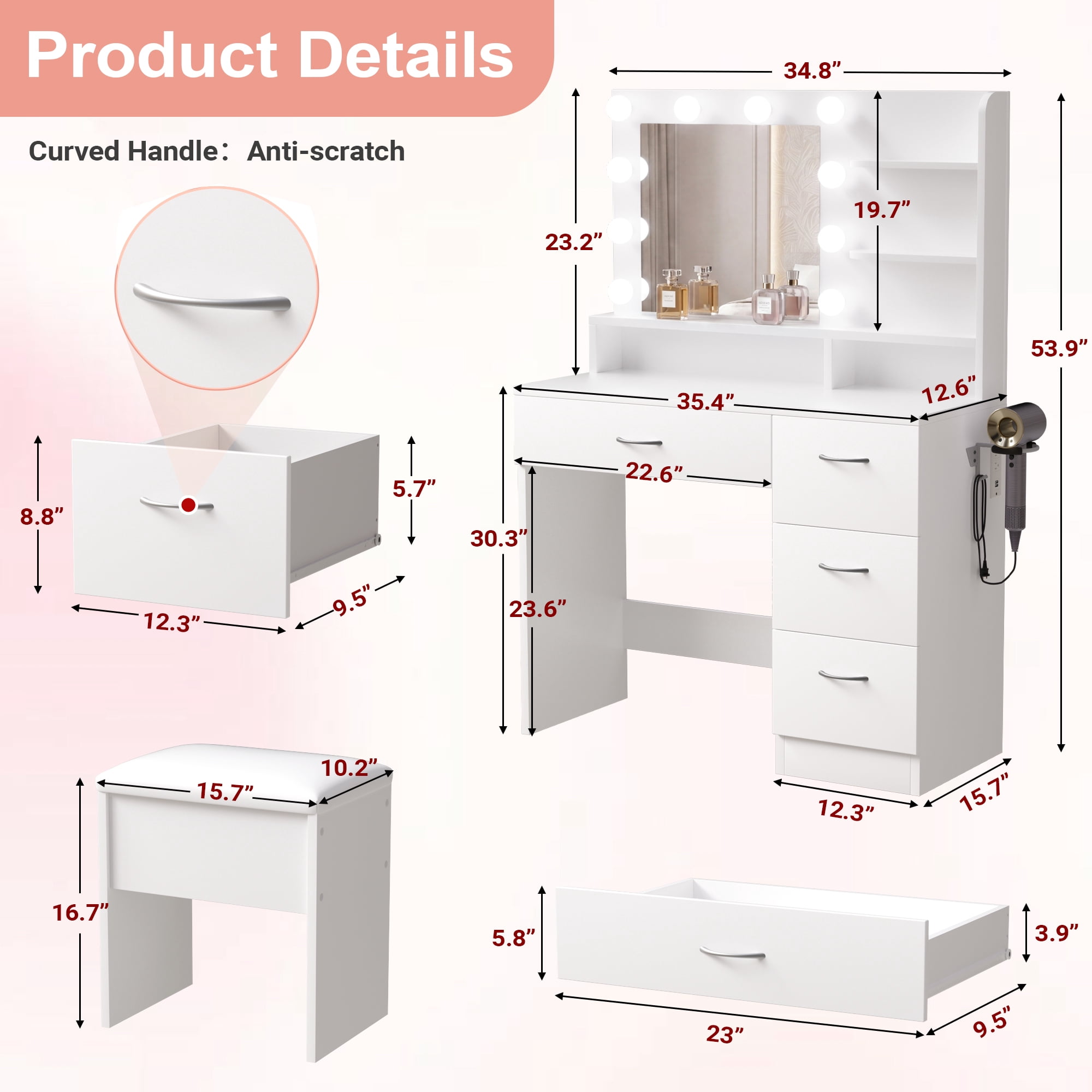 LIVELYGLOW Makeup Vanity Set with Stool, Lighted Mirror, Vanity Desk with 5 Shelves & 4 Drawers, Power Outlet & Hairdryer Holder, Vanity Dressing Table Perfect gift for Bedroom - White