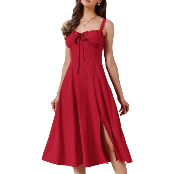 DARING DIVA Women's Spaghetti Strap Sweetheart Neck Side Slit A Line Dresses S Red