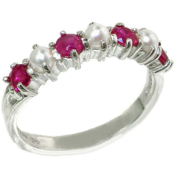 LBG British Made 10k White Gold Cultured Pearl & Ruby Womens Eternity Ring - Size 8.5 - 33 size options