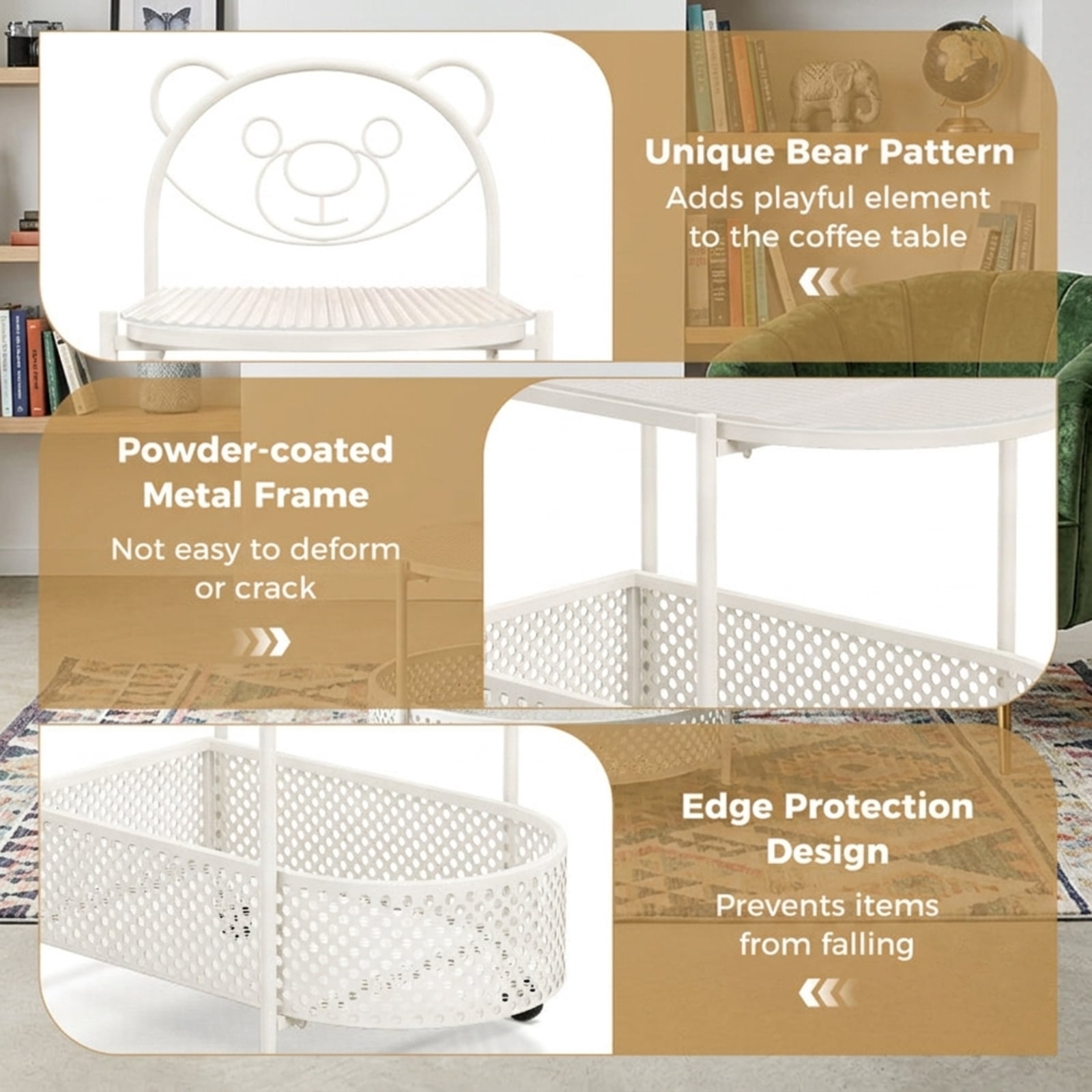 Furnibear 2 Tier Mobile Glass Coffee Table with Rolling Casters and Bear Pattern Storage Basket for the Small Living Room, White