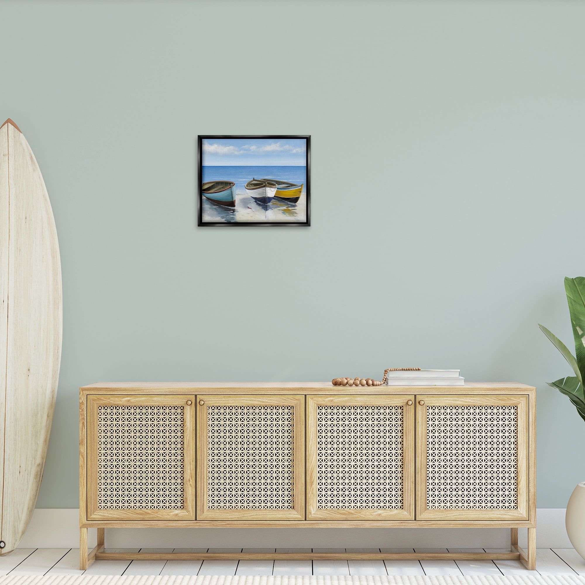 Stupell Industries Coastal Rowboats on Shore Transportation Painting Black Floater Framed Canvas Art Print Wall Art, 21 x 17
