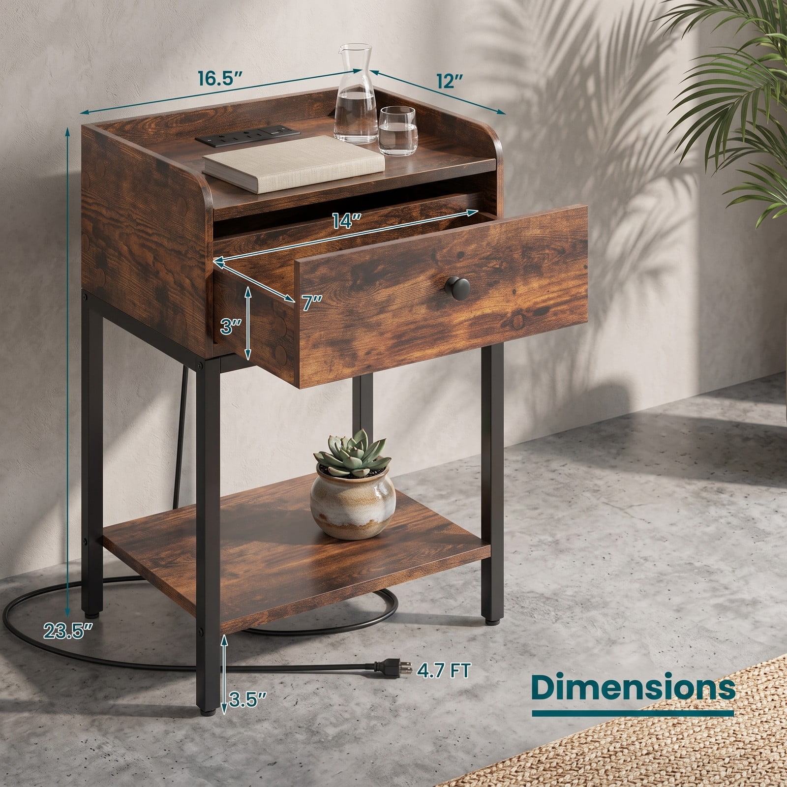 Furnibear Industrial Nightstand with Charging Station and Drawer for Convenient Bedside Storage in the Bedroom and Living Room, Rustic Brown