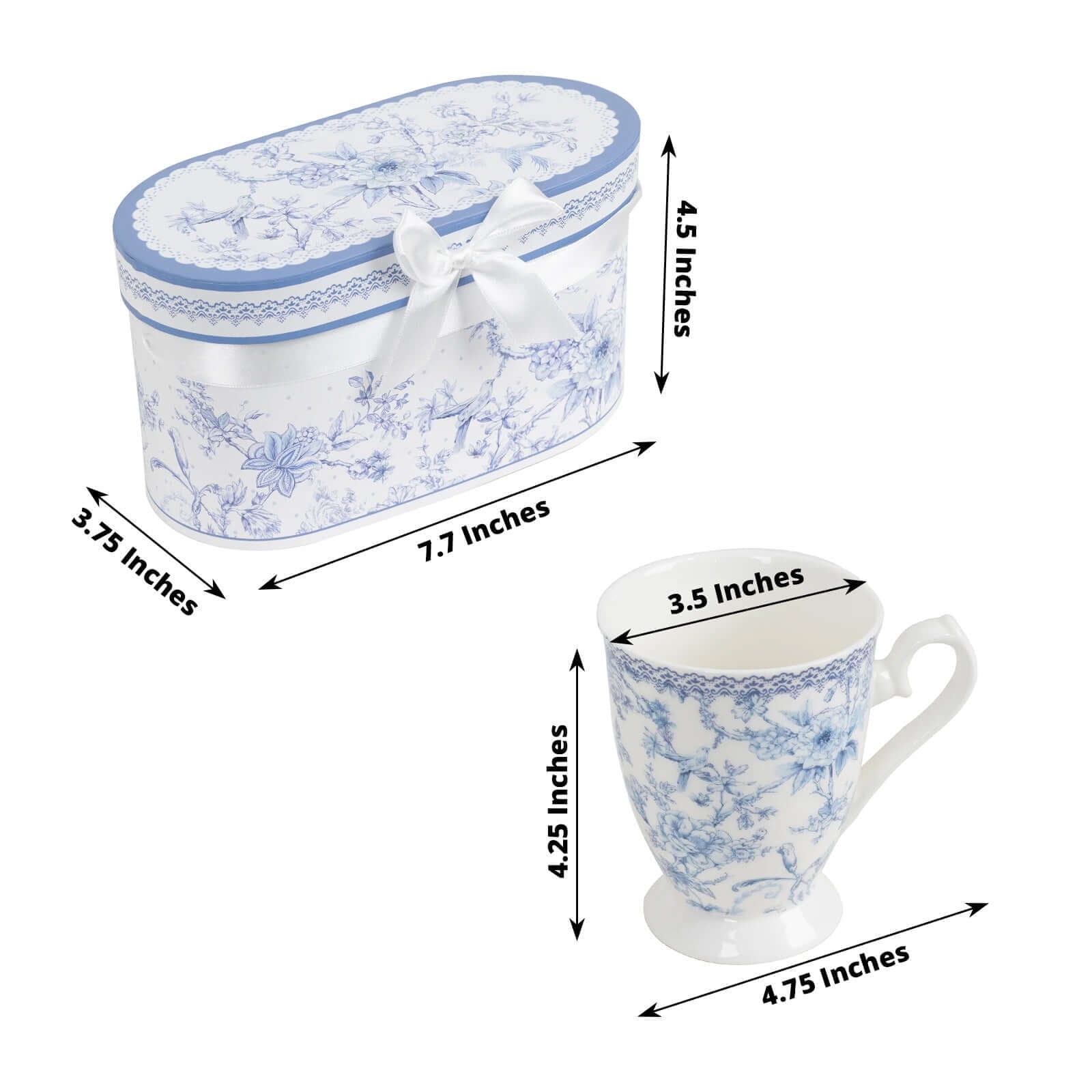 Efavormart 2 Pack White Blue Chinoiserie Porcelain Coffee Mugs With Gift Box and Satin Ribbon Handle, Bridal Shower Gift Set