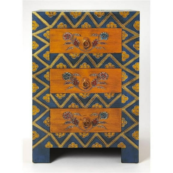 HomeRoots  30 x 20 x 16 in. Teal Blue & Dark Brown Stylish Hand Painted 3 Drawer Accent Cabinet