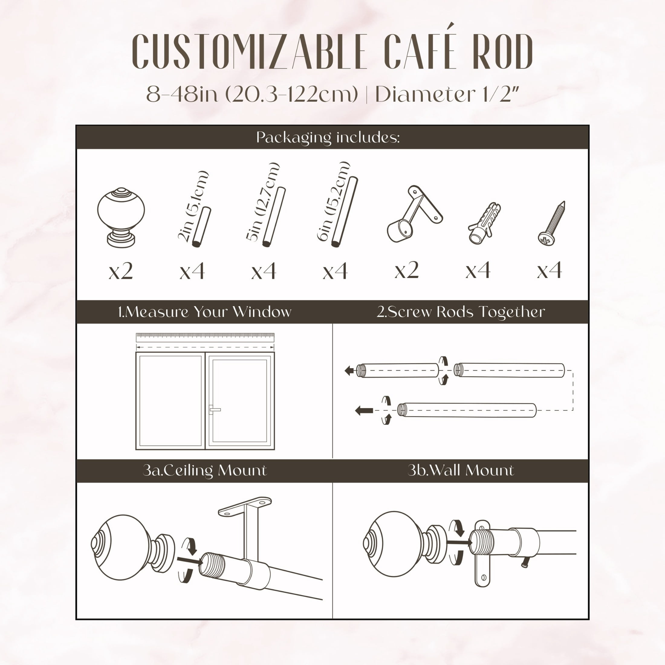 Dwell Studio, Cutomizable Café Rods, 1/2" Iron Material, 8 inch-48 inch Kit, Matte Black