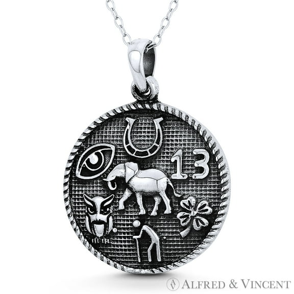Elephant, Horseshoe, 13, Clover, Man, Owl & Evil Eye Charm Pendant & Chain Necklace in Oxidized .925 Sterling Silver