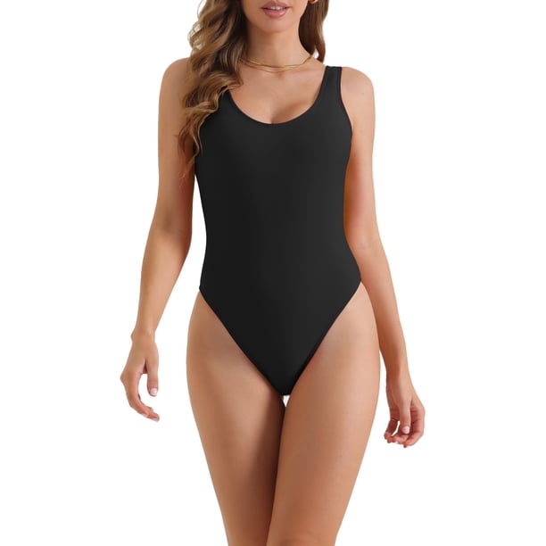 INSPIRAR CHIC Traje de baño de una pieza con escote redondo y tirantes anchos, espalda baja y efecto adelgazante, color negro, talla X-Small