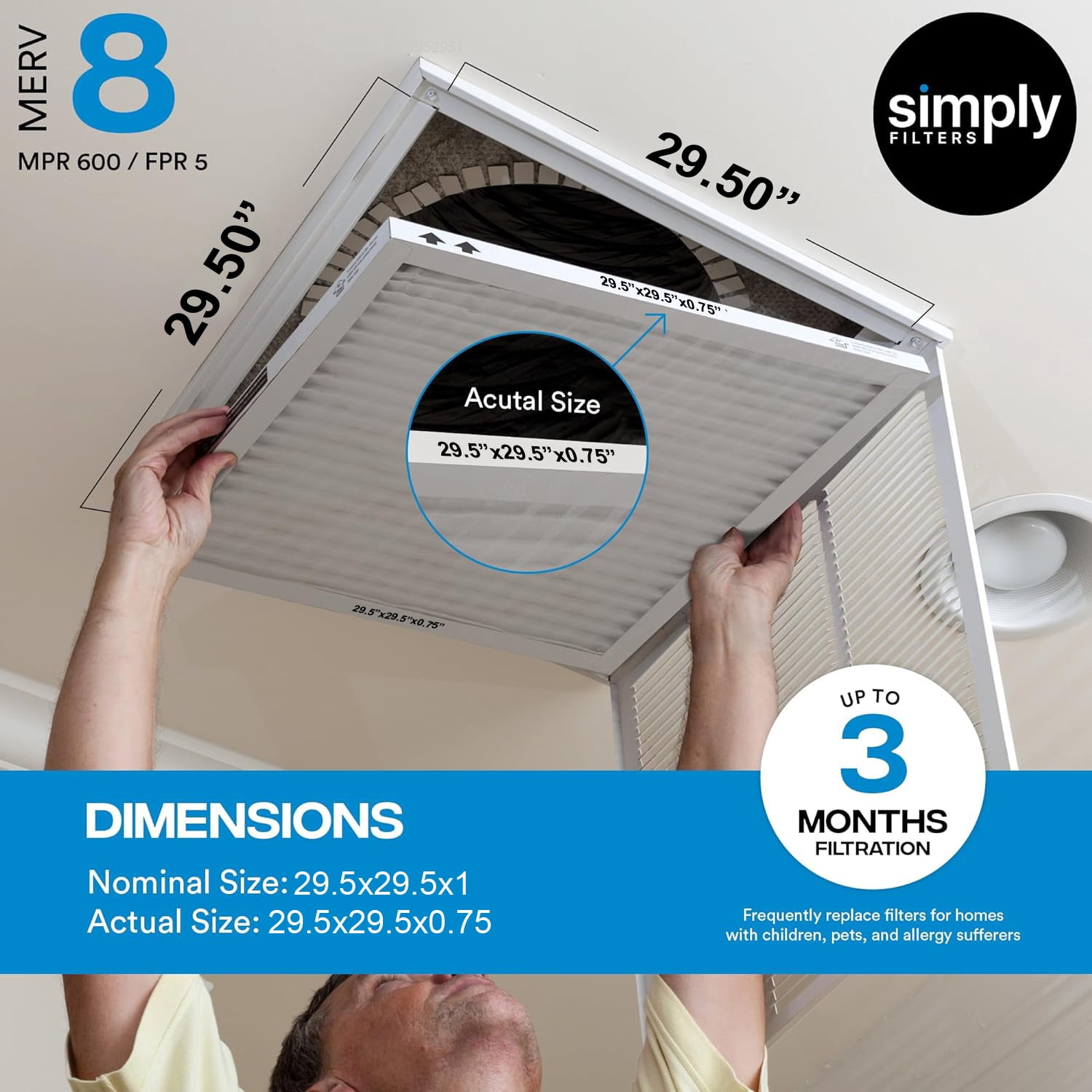 Simply Filters 29.5x29.5x1 MERV 8, MPR 600, AC Furnace HVAC Air Filter (2 Pack)