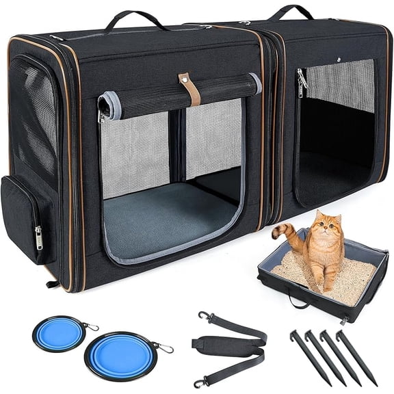 2-in-1 Cat Travel Carrier with Litter Box, (17.7" x2) x16.5"x13" Large Cat Carrier with Zipper Locks for Moving Across The Country (No Hammock) - Black