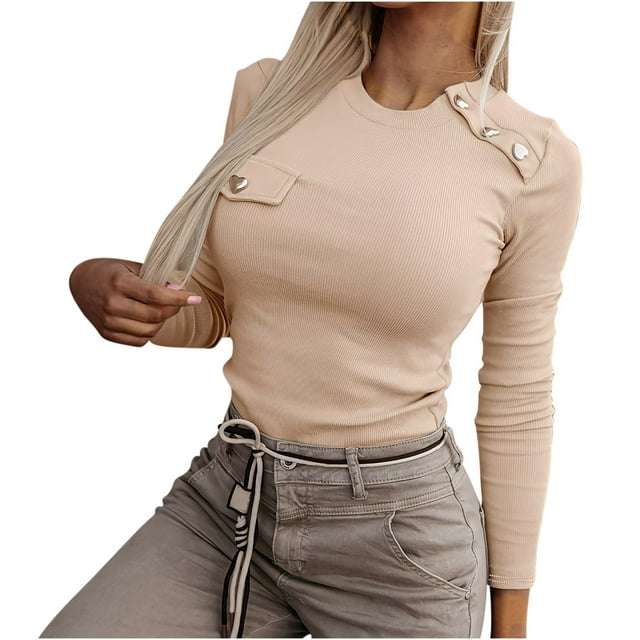 Timegard Womens Going out Tops Fall Casual Slim Fitted Long Sleeve Blouse Crewneck Button Tee Shirts