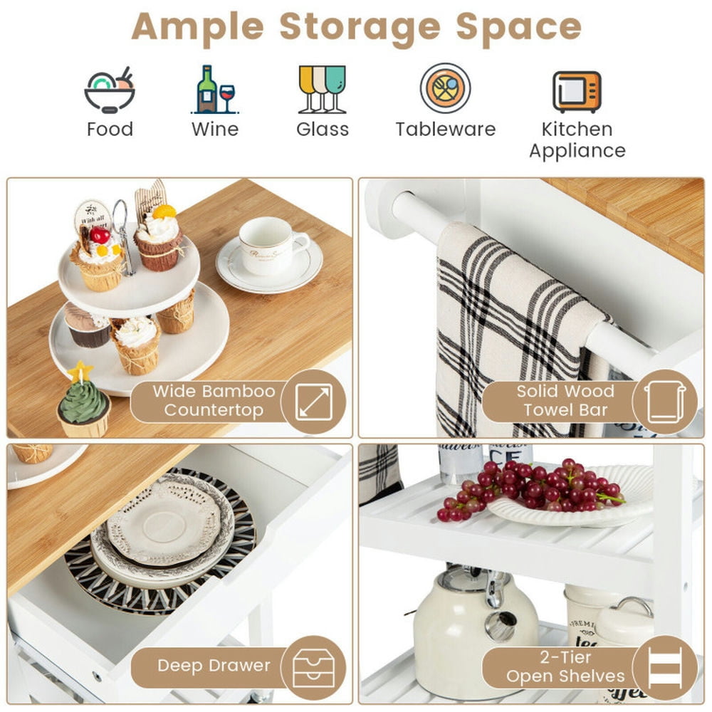 Finihen Rolling Cart, Kitchen Island Cart, 3-Tier Kitchen Island Cart Rolling Service Trolley with Bamboo Top, for Kitchen, Dining Room, White Finihen Rolling Cart, Kitchen Island Cart, 3-Tier Kitchen Island Cart Rolling Service Trolley with Bamboo Top, for Kitchen, Dining Room, White
