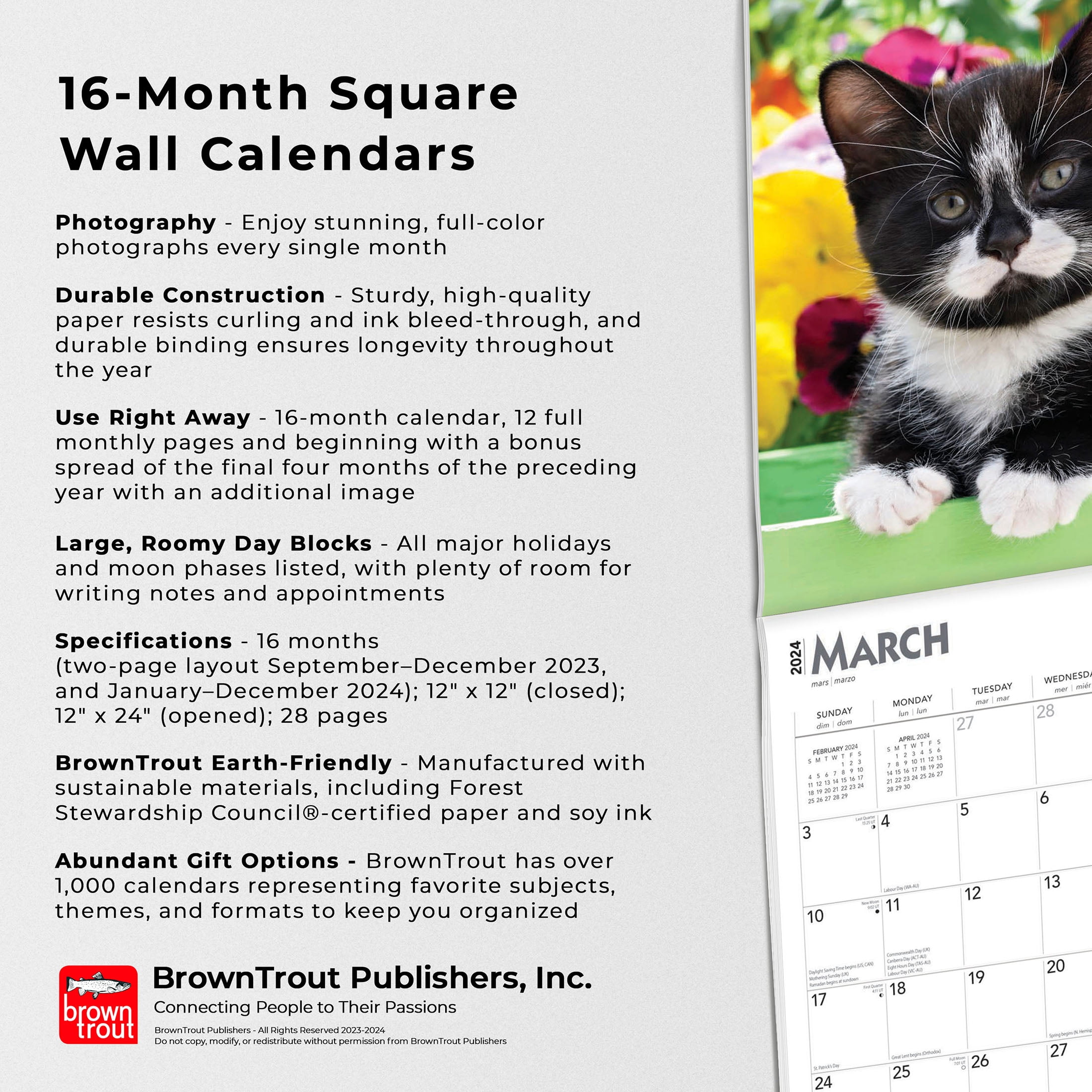 Tuxedo Cats | 2024 12x24" (Hanging) Square Wall Calendar | BrownTrout -  Walmart.com