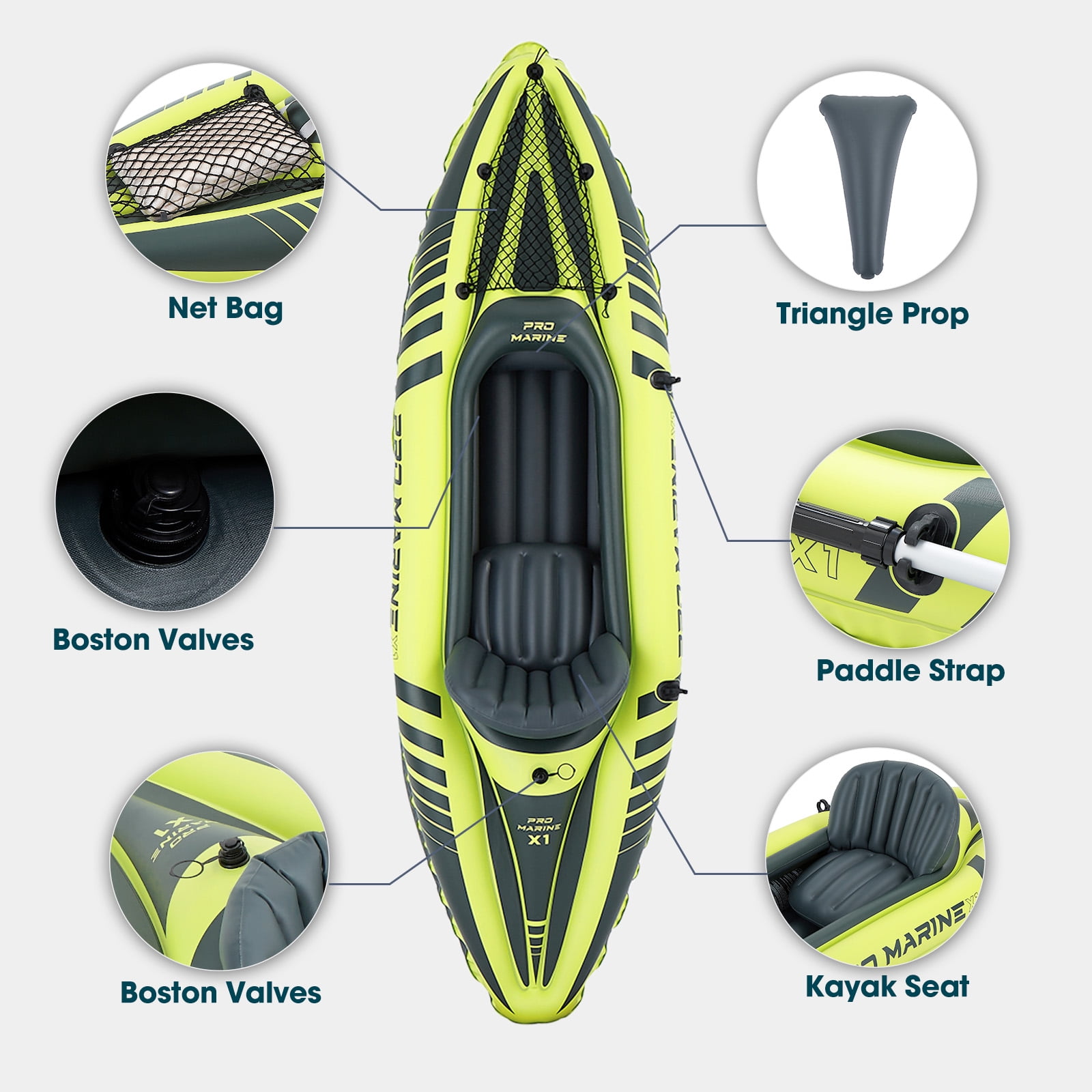 Pro Marine 1 Person Inflatable Kayak Set, Blow Up Boat with Adjustable Seats,  Air Pump, Yellow