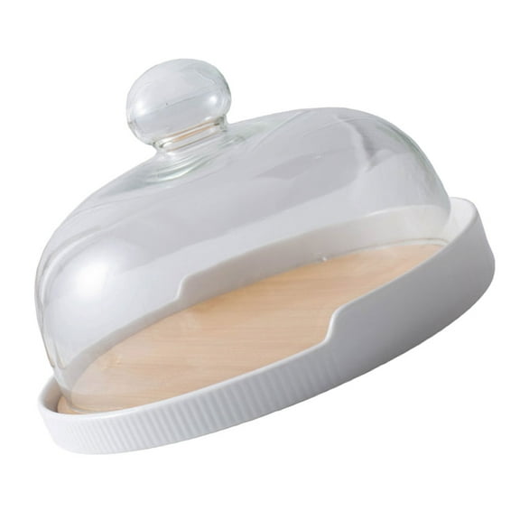 1 Set of Glass Food Cover Wooden Tray Cake Dessert Displaying Plate with Lid
