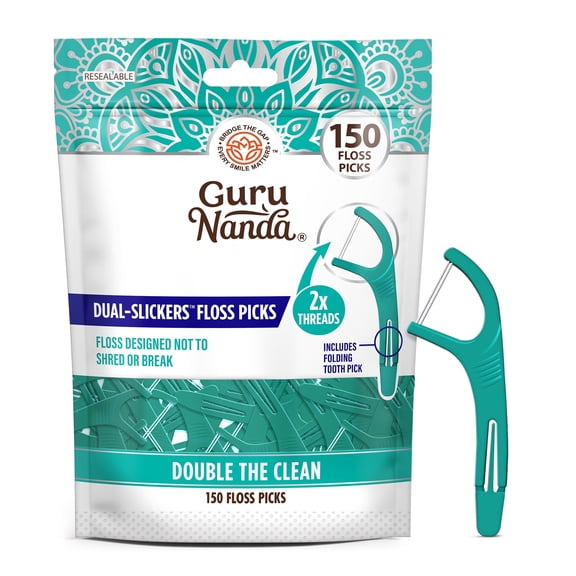 GuruNanda Dual Slickers Floss Picks - Double-Threaded Dyneema Dental Floss with Foldable Toothpick - Unflavored- 150 Ct