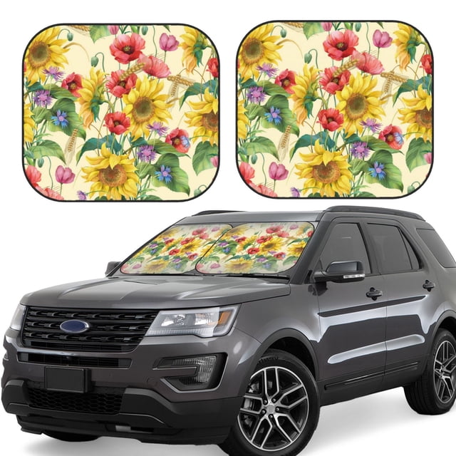 Saiise Sunflower Cornflower Poppy for Foldable Car Sun Shades (2-Pack) Offer Sun Protection with an Easy-fold Design for Convenient Windshield Shading-Large
