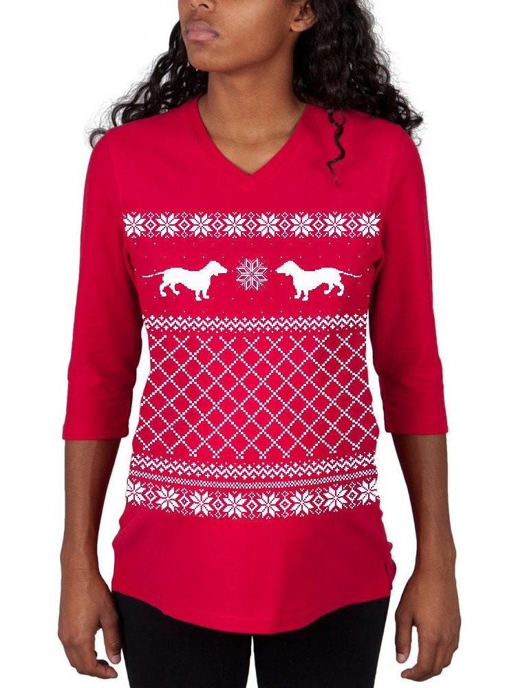 Dachshund Ugly Christmas Sweater Red Maternity 3/4 Sleeve T-Shirt