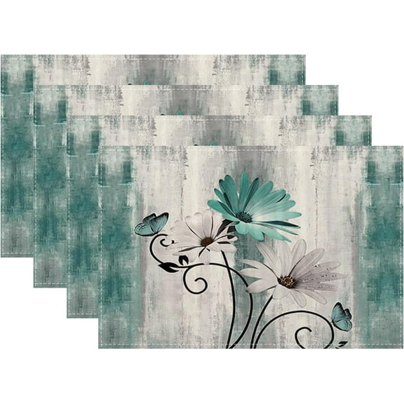 Floral Place mats Set of 4, 12x18 Inches Teal Blue Daisy Flower Decorative Rectangle Table Mats for Party Home Kitchen Dining Table Decoration
