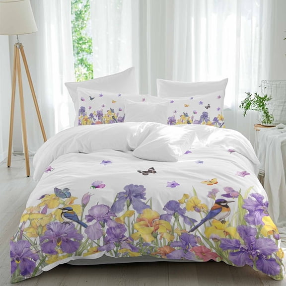 3 Piece Purple Yellow Spring Floral Duvet Cover Set Twin Size, Microfiber Comforter/Quilt Cover with Corner Ties and 2 Pillowcases, Summer Botanical Birds All Season Soft Bedding with Zipper Closure