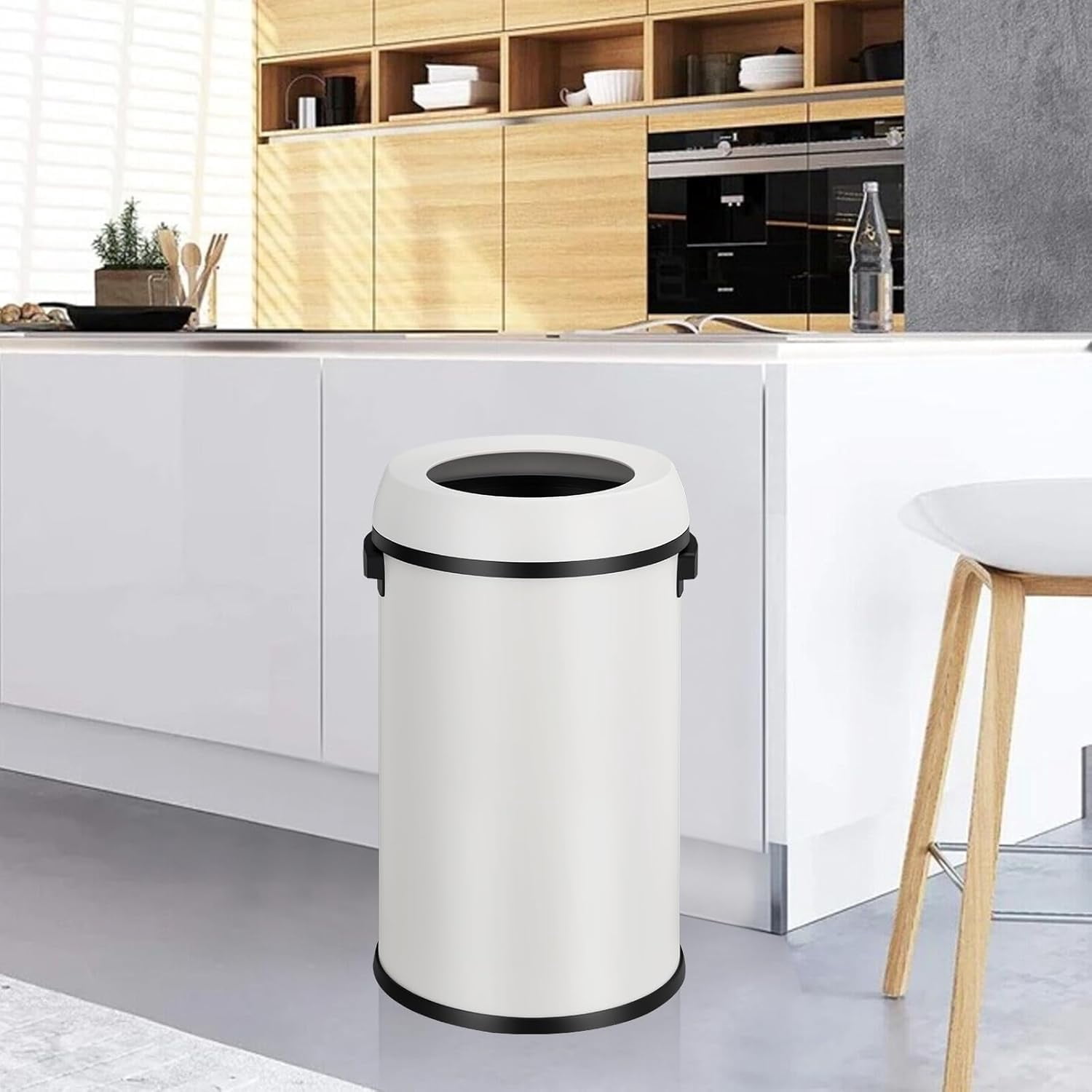 Garvee 17 Gallon Stainless Steel Round Trash Can with Open Lid, Fingerprint-Proof, Removable Inner Liner for Kitchen, Office, Living Room, or Bathroom, White