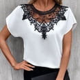 thumbnail image 3 of Camiseta de Mujer Cuello Redondo Manga Corta Encaje Dobladillo Suelto Blusa Informal para Oficina al Aire Libre Blanco XL, 3 of 6