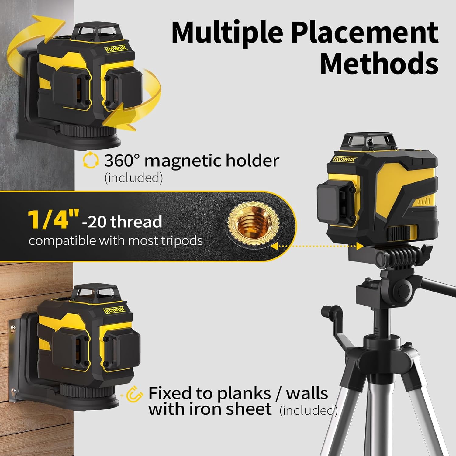 Laser Level, IKOVWUK 3x360° Cross Line Laser for Construction and Picture Hanging, 12 Green Lasers with Self-leveling, 65 ft Vertical & Horizontal Line, Level Tool with 5200 mAh Rechargeable Battery