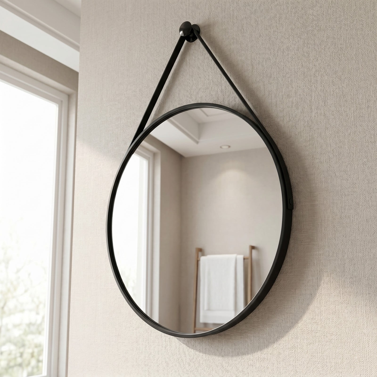 Gleamira 16" Wall Mounted Mirror Round Vanity Mirror with Leather Strap, Black