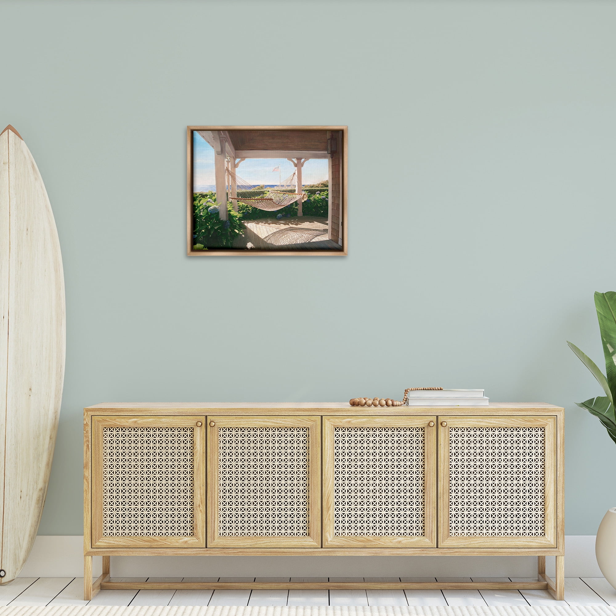 Stupell Industries Hammock & Coastal Porch Landscape Painting Brown Floater Framed Canvas Art Print Wall Art, 31 x 25
