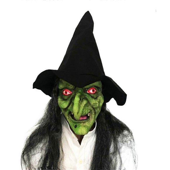 Old Woman Witch Mask Green Face Mask Halloween Creepier Mask Scary Horror Mask Cosplays Costume With Red Eye, Long Hair Green