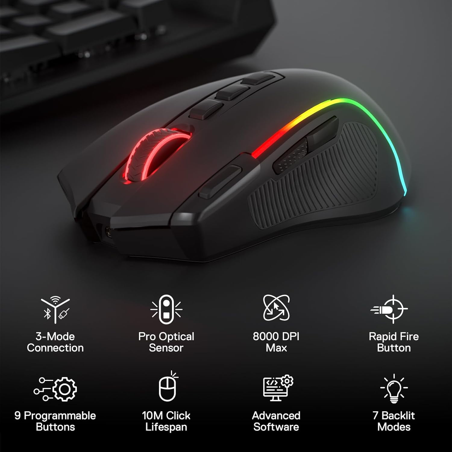 Redragon M612 PRO RGB Gaming Mouse, 8000 DPI BT Wired/Wireless Optical Gamer Mouse 9 Programmable Buttons & 7 Backlit Modes,Software Supports DIY Keybinds Rapid Fire Button,Black