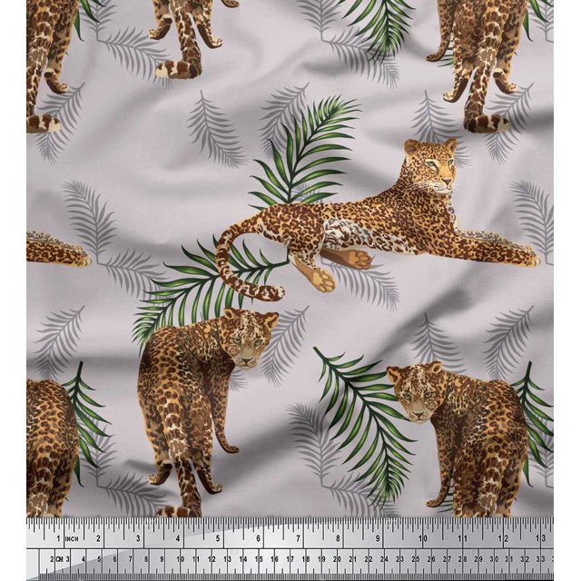 Soimoi Poly Georgette Fabric Leaves & Leopard Animal Print Fabric by The Yard 52 Inch Wide