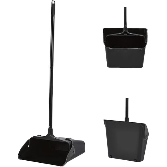 Pivoting Upright Dust Pan with Long Handle and Wheels, Large Capacity, Heavy Duty Commercial Dustpan for Indoor Outdoor, Standing Dust Pan for Home and Restaurant Cleaning, Black