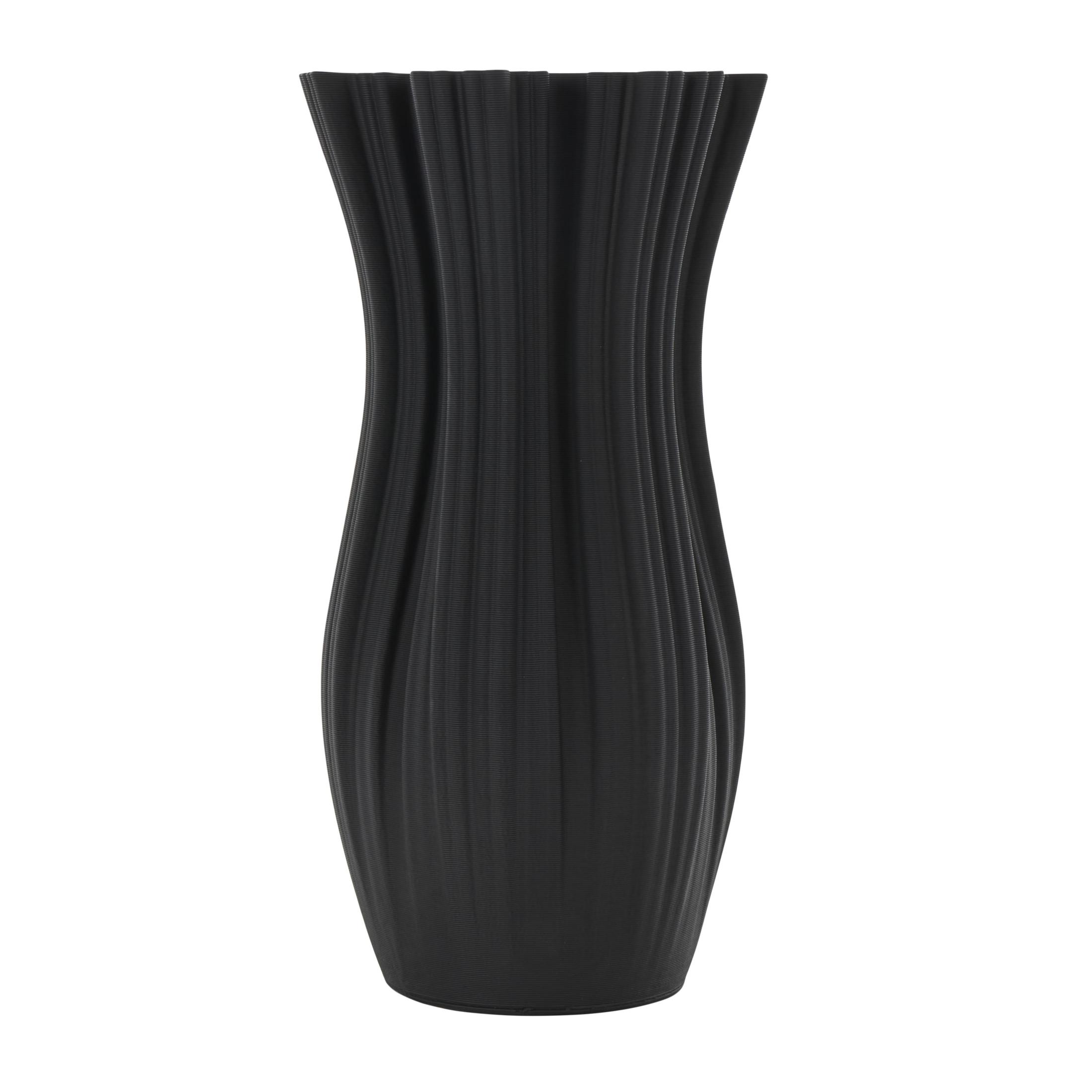 DecMode 14" Abstract Ribbed Tulip Inspired Black Ceramic Vase with Floral Shaped Rim