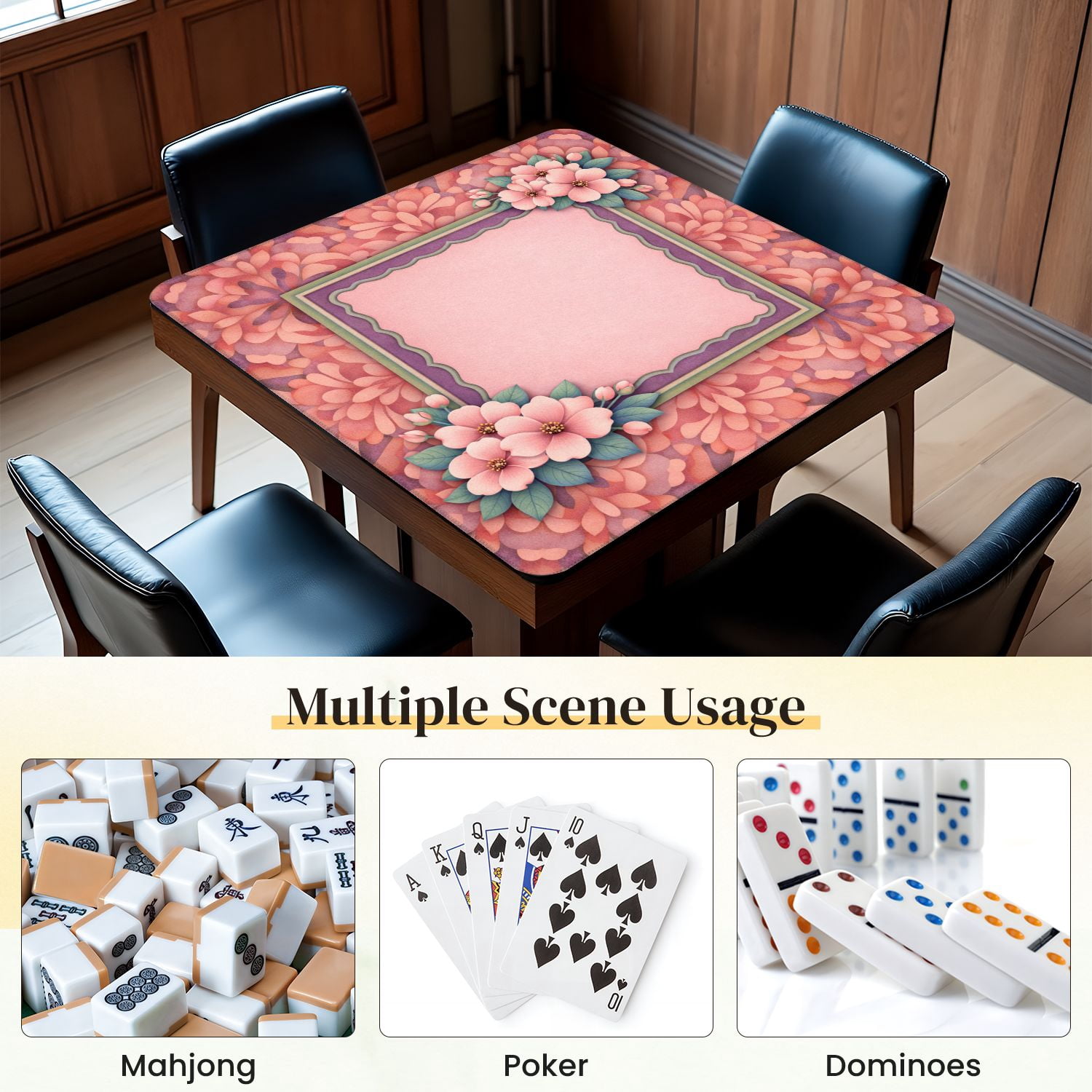 Mahjong Mat 31.5" x 31.5" Pink Floral Frame Layered Border Abstract Flower Non-Slip Noise Reduction Mahjong Tiles Table Cover for Dominoes Poker Card Board and Tile Games