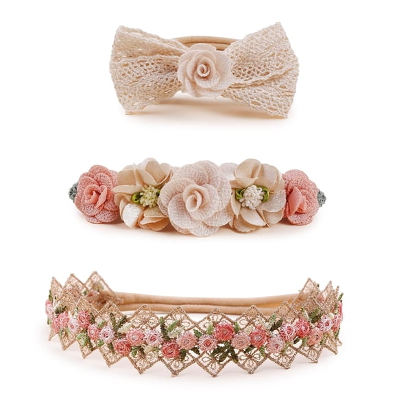 Baby Girl Floral Headbands- 3pcs Nylon Headband Handmade Flower Crown Elastic Hairband Newborn Toddler Hair Accessories Gifts for Girls