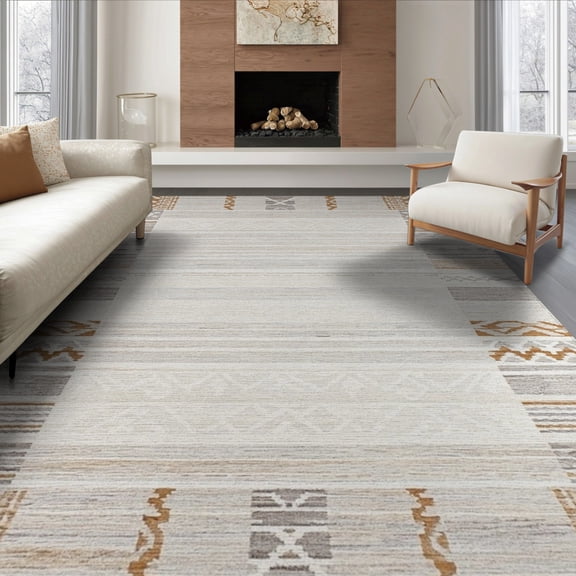 ODIKA 8'x10' Washable Area Rug Non-Slip Chair-Friendly Mat Ivory Neutral Boho Abstract Design Modern Asymmetrical Lattice with Striped Border for Dining Room, Large Office, Lounge