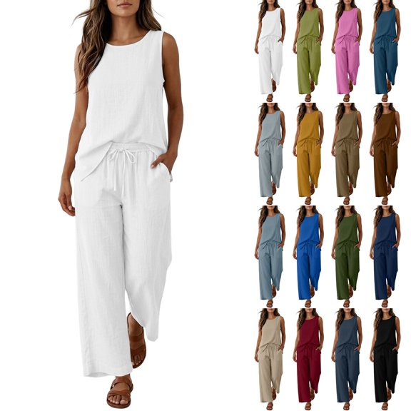 Women's 2-Piece Linen Set, Solid Tank Top and Drawstring Pants with Pockets, Casual Matching Outfit for Summer, Everyday Wear, and Boho Style-Black