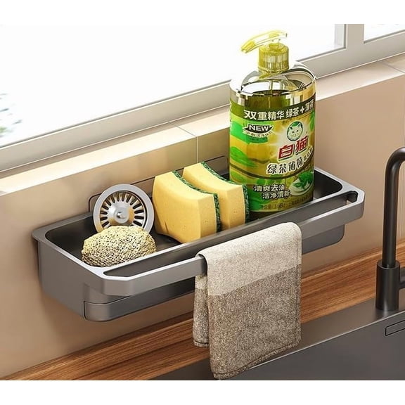 Sponge Holder for Kitchen Sink, Stainless Steel Rustproof Kitchen Sink Caddy with Divider and Towel bar, Kitchen Sink caddy Organizer with Draining Tray
