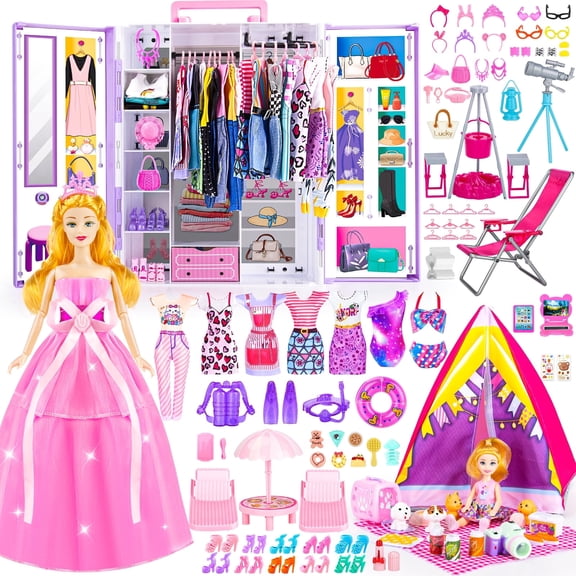 160Pcs Doll Closet Playset for 11.5 Inch Dolls, Camping Tent, Princess Dresses, Swim Outfits, Adorable Dress Up Gift for Girls