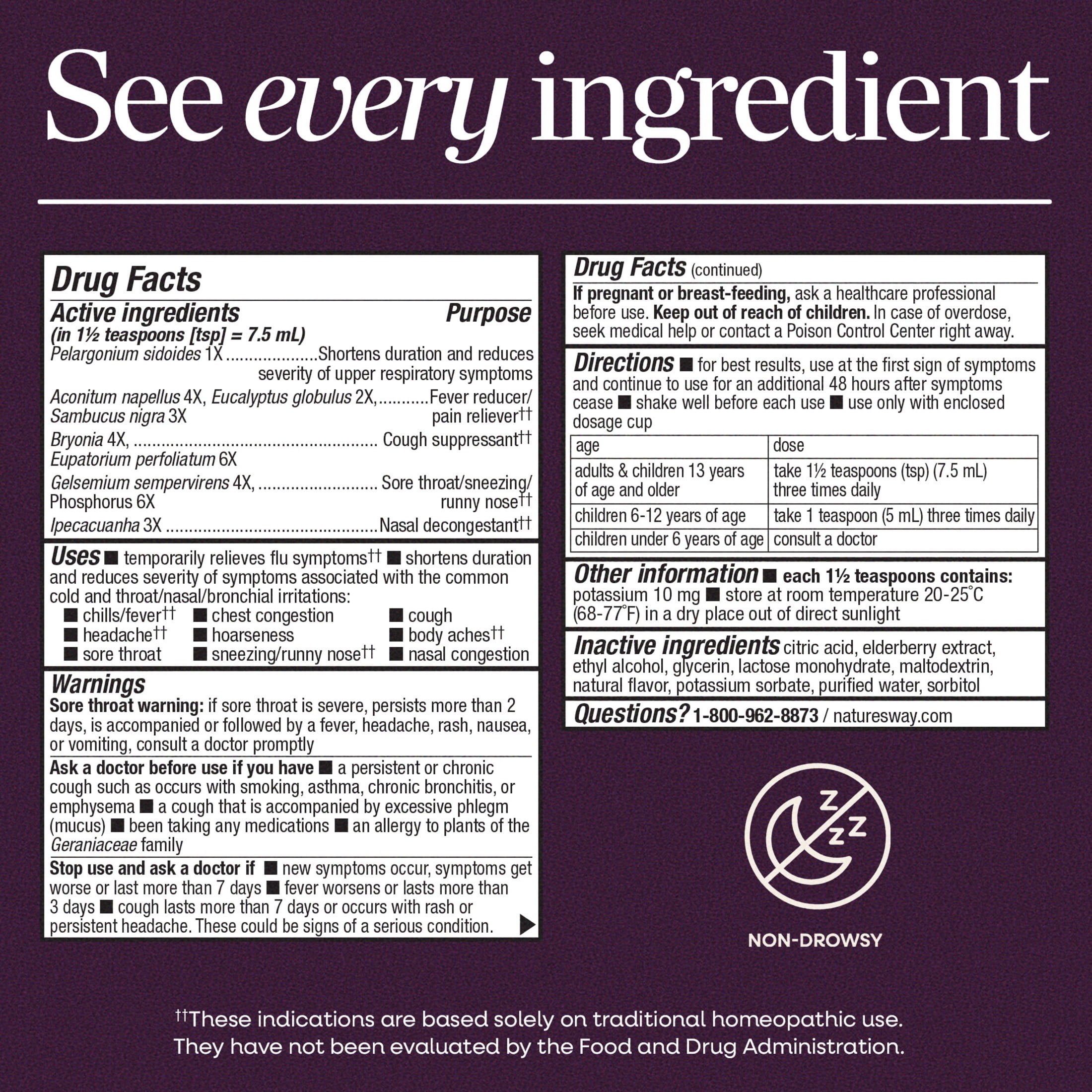 Nature's Way Sambucus Cold + Flu Relief Elderberry Syrup, Ages 6+, Berry Flavored, 4 Fl Oz