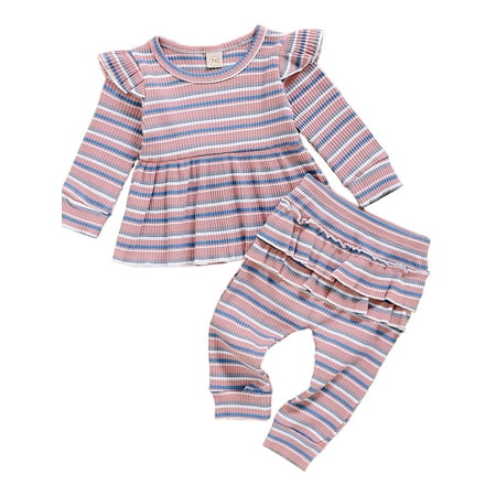

PBaeM Baby Girls 3-18Months Gingham Long Sleeve Top Ruffle Pants Knit Fabric Cute Outfit Sets