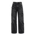 thumbnail image 3 of LEAVINGSUO Straight Leg Cargo Jeans Trousers for Women Fashion High Waisted Pockets Solid Color Button Zipper Casual Denim Pants Black S, 3 of 7