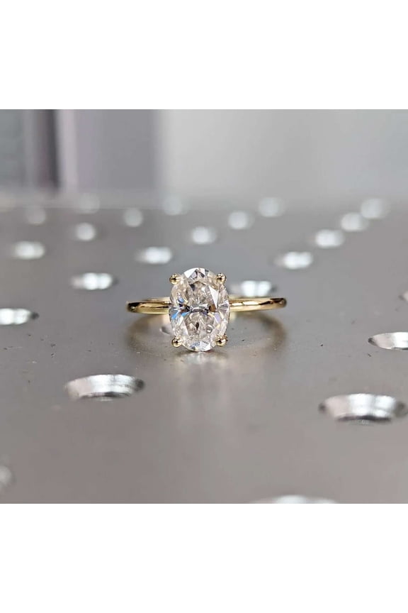 Oval Diamond 10K Vermeil Gold Solitaire Engagement Ring, Moissanite Sparkle Womens Jewelry, Hidden Halo Wedding or Proposal Ring